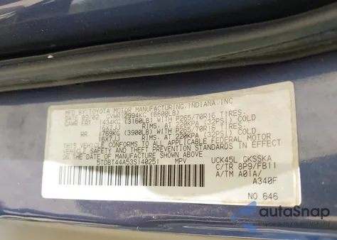 2003 Toyota Sequoia Sr5 V8 из США, поврежденный, VIN 5TDBT44A53S140251